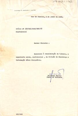 Ofício confidencial nº 337/DSI/SBDI/MEC/68, de Favorino Mercio, Chefe de Gabinete do MEC